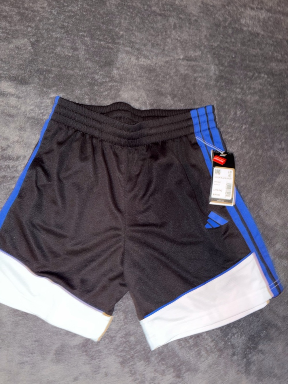 Boys Adidas Black Athletic Shorts with Blue Trim and White Hem